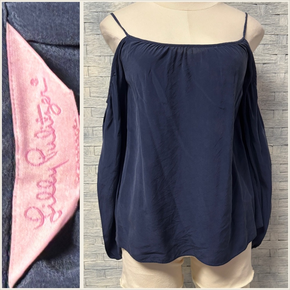 Lilly Pulitzer Navy Cold Shoulder Silk‎ Long Sleeve Blouse Top XS